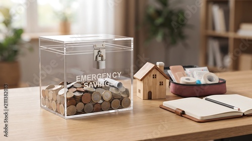 Clear acrylic emergency savings box with coins and household items on wooden office desk