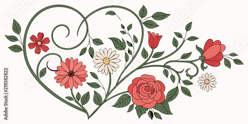 Cuadro en lienzo Floral heart frame decorated with roses daisies and foliage botanical romantic