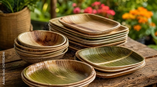 Eco friendly palm leaf disposable plates and bowls on a rustic wooden table.