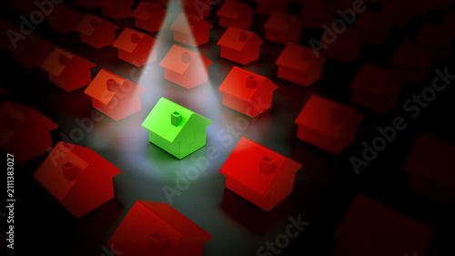Fotografie Green house standing out among red houses. 3D illustration