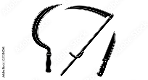 Obraz na płótnie Three black silhouettes of curved agricultural tools with silhouettes sickle scy