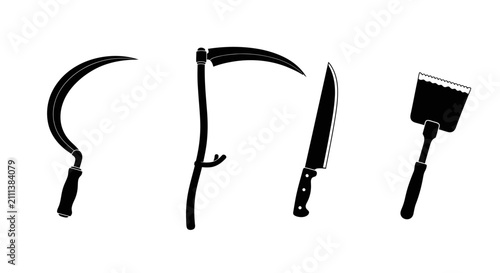 Foto Four black silhouettes of cutting tools on white background with cleaver arrange