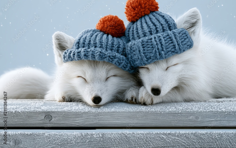 Fototapeta premium Adorable white foxes sleeping peacefully wearing cozy knitted hats in winter snow