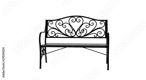 Bild auf Leinwand Ornate black metal garden bench with scrollwork design with design backrest deco