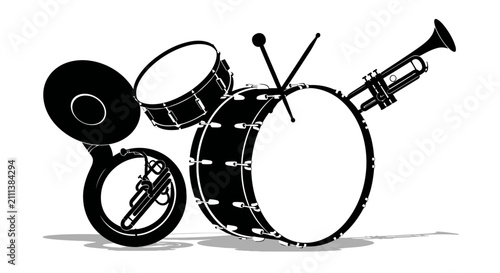 Foto Black and white illustration of musical instruments with illustration various dr