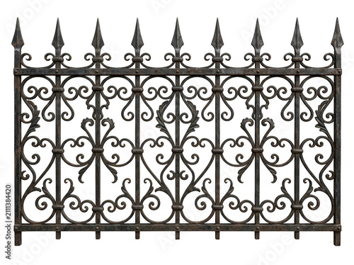 Ornate wrought iron fence isolated on transparent background. Classic security railing concept for historic.