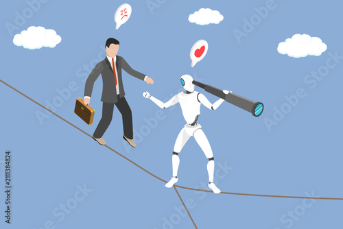 3D Isometric Flat Vector Illustration of AI Assistant, Robot Leading Businessman Walking On Tightrope With Separate Line