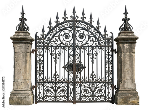 Antique wrought iron entrance gates isolated on transparent background. Majestic property barrier concept for.