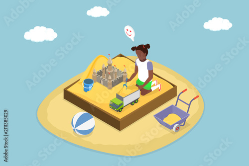 3D Isometric Flat Vector Illustration of Playing In Sandbox, Toy Truck, Bucket, And Sandcastle Drawing