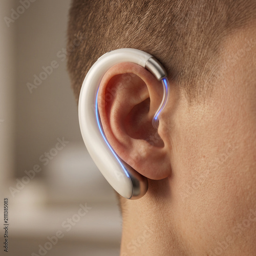 Obraz na płótnie Wireless Neuro Feedback Wearable Device Mounted Behind Human Ear