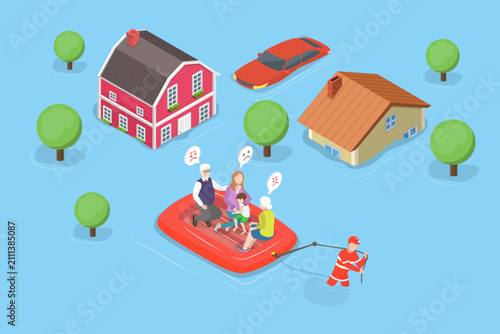 3D Isometric Flat Vector Illustration of Flood, Elderly And Child Rescued From Floodwaters Highlight Importance Of Emergency Response And Community Support