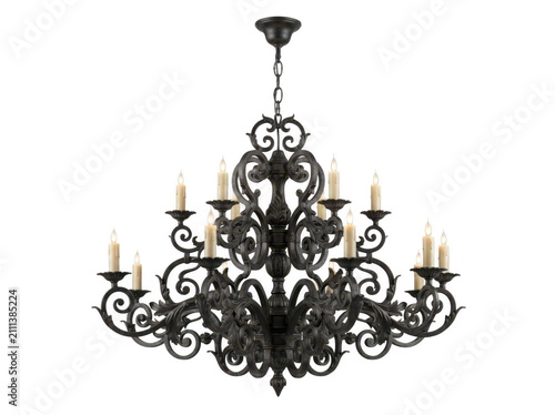 Ornate black candle chandelier isolated on transparent background. Elegant lighting fixture concept for luxury.