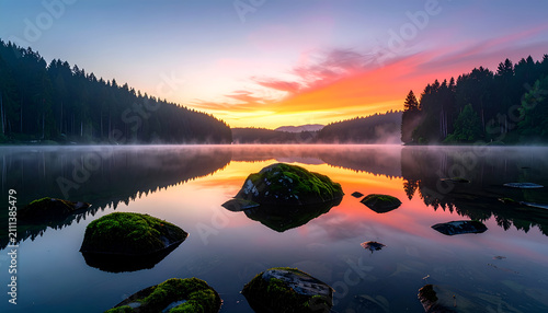 Serene Lake Sunrise with Misty Reflections and Forested Shores.