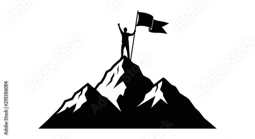 Foto Man Raising Flag On Mountain Peak Black Silhouette