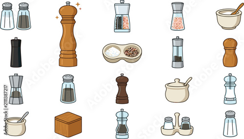 Tableau sur toile Kitchen Table Seasoning Mill and Condiment Shaker Vector Icon Set with Wooden Sa