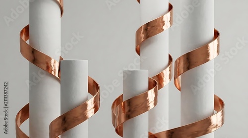 White cylinders wrapped with shiny copper metallic ribbons.