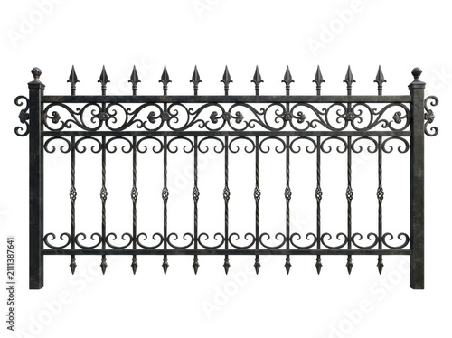 Decorative wrought iron fence panel with scrollwork isolated on transparent background. Elegant boundary design for.