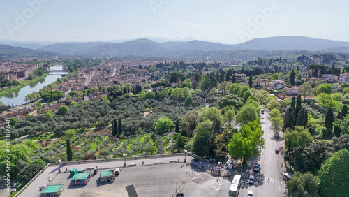 Konstfotografi Aerial drone view Florence Lungarni Arno River banks with historic buildings col