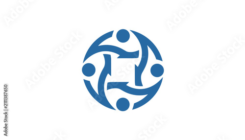 Circular abstract logo design featuring four blue stylized human figures holding hands together in an infinite connected loop.