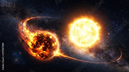 Cinematic cosmic explosion of a burning planet near a bright sun, glowing solar flares in deep space, dramatic celestial collision in a starry galaxy