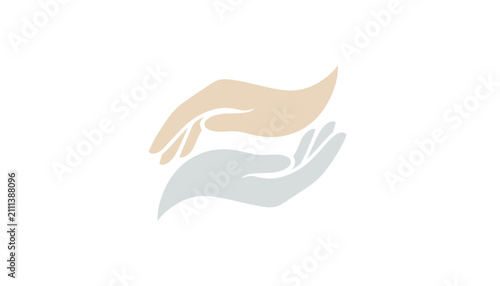 Tender conceptual illustration of two supportive hands in pastel beige and light grey holding each other in perfect harmony.