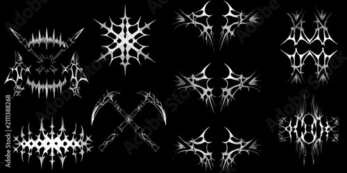 Фотография Black metal logo sigils and ornamental shapes detailed white line work on black