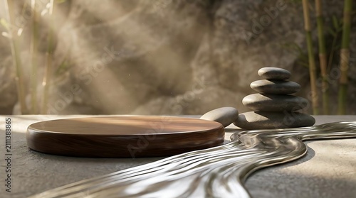Zen garden podium with stones and silver stream.