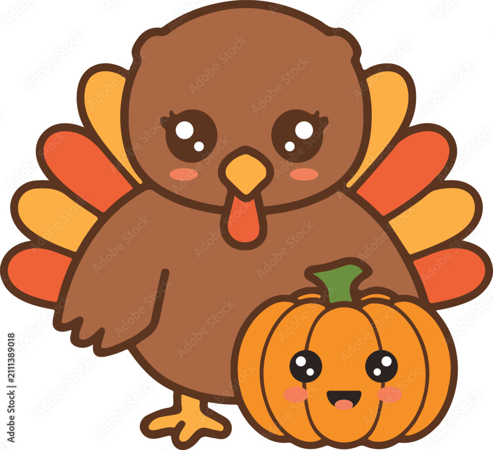 Obraz premium Cute Kawaii Turkey with Pumpkin Vector Illustration - Thanksgiving Autumn Cartoon Character for Fall Holiday Design