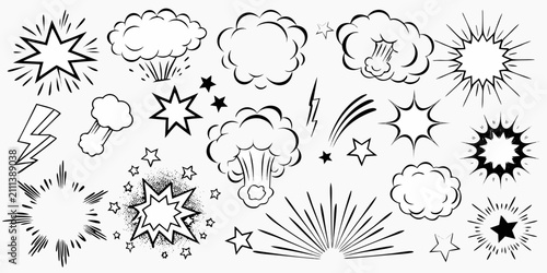 Foto Comic explosion effect set black and white vector illustration collection