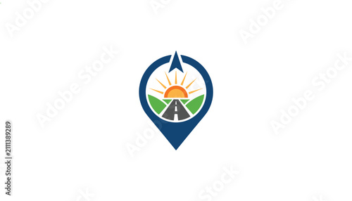 Colorful navigation map pin icon featuring a road stretching towards a bright rising sun over green hills.
