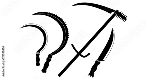 Bild auf Leinwand Black silhouettes of various cutting tools on white background with including si