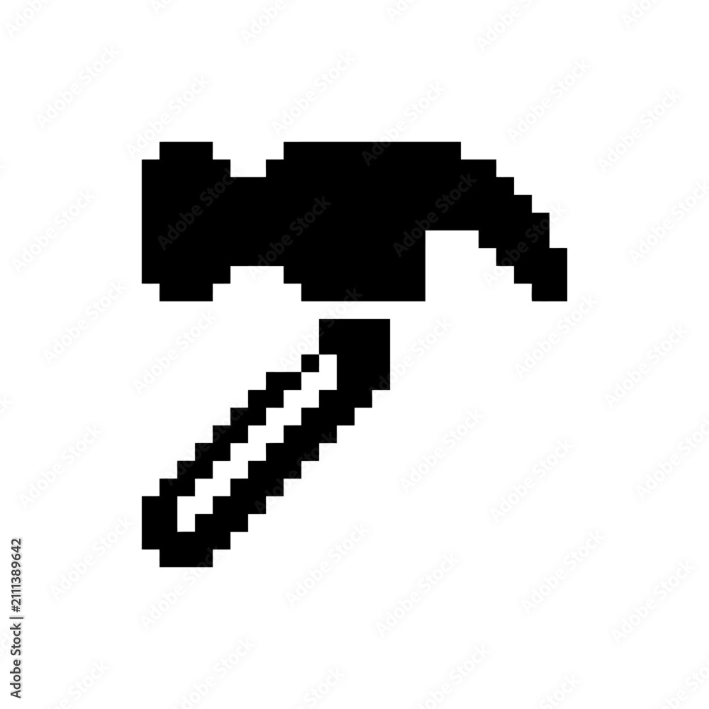 Fototapeta premium Diagonal pixel art hammer icon for craft menus.