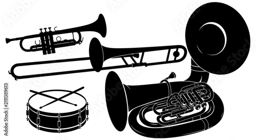 Bild auf Leinwand Black silhouettes of various musical instruments on white background with silhou