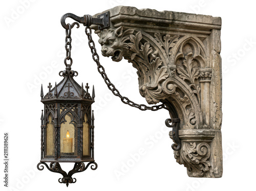 Medieval stone corbel with lit candle lantern isolated on transparent background. Historical lighting element for.