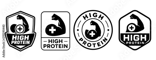 High Protein Food Label Badges with Bicep Icon, Fitness Nutrition Symbols Set, Black and White Flat Vector Isolated