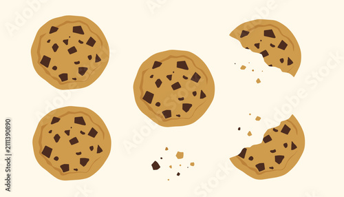 Tasty chocolate chunk cookies illustrated on a light cream background, showcasing broken and whole biscuits.