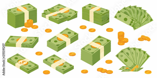 Obraz na plátne Stacks Of Money And Coins Colorful Vector Illustration