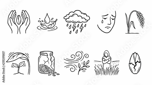 Hand drawn collection of agricultural and environmental icons.