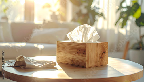 A wooden tissue box sits on a round table in a sunlit room.