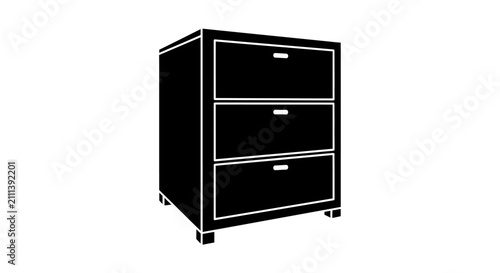 Black filing cabinet with three drawers on white background with minimalist furniture organizer workspace equipment storage graphic office with simple
