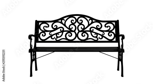 Bild auf Leinwand Black metal bench with ornate backrest with armrests white background decorative