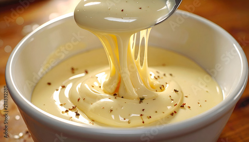 Creamy Cheese Sauce Drizzling from Spoon into Bowl.
