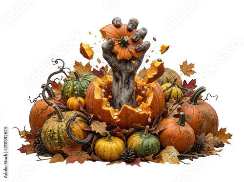 A zombie hand crushing a pumpkin surrounded by autumn leaves isolated on transparent background. Ideal for Halloween.