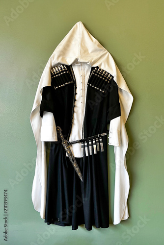 Georgian National Men's Black and White Costume Chokha. Traditional Caucasian Clothes.