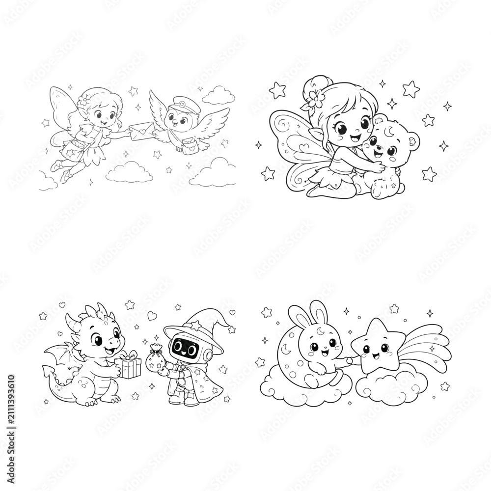 Fototapeta premium Fantasy Friends Coloring Page Collection – Cute Magical Creatures, Fairies, Dragons, Unicorns, Wizards, Kids Black and White Line Art