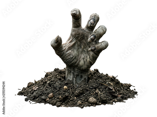Zombie hand rising from the ground isolated on transparent background. Spooky monster concept for Halloween horror.