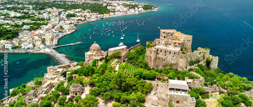 Quadro su tela High altitude drone capture of Aragonese Castle in Ischia