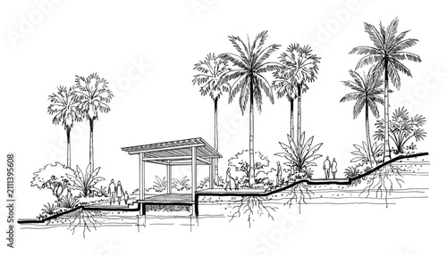 Tableau sur toile Architectural landscape section illustration showing palm trees, pavilion, and p