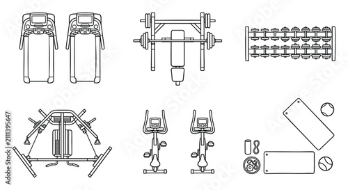 Outline vector illustration of gym equipment like treadmills, weights, bikes, and mats for fitness facility layouts
