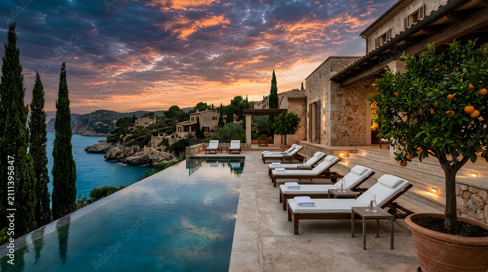 Fototapeta premium Luxury infinity pool with lounge chairs overlooking the sea at sunset